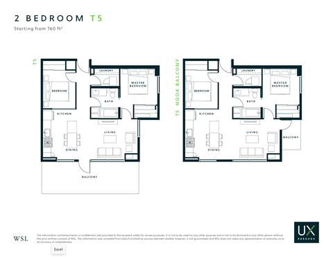 Floor plan for 2 beds, 2 baths, 760 sqft
