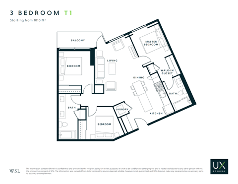 Floor plan for 3 beds, 2 baths, 1010 sqft
