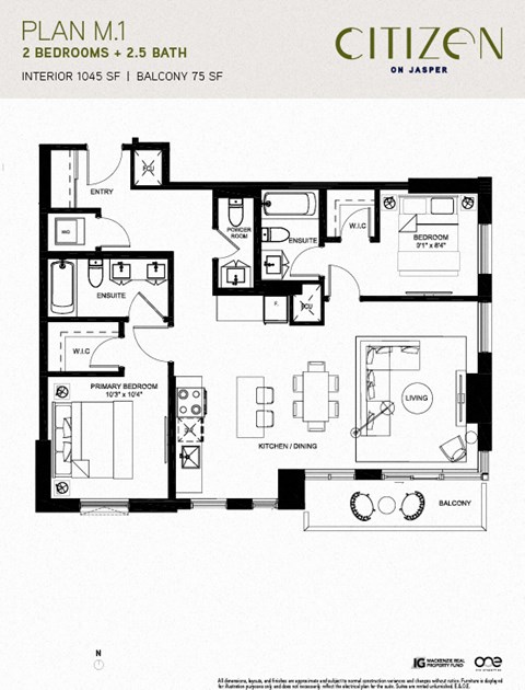 Floor plan for 2 beds, 2.5 baths, 1045 sqft