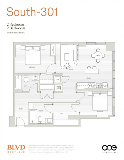 Floor plan for 2 beds, 2 baths, 1068 sqft