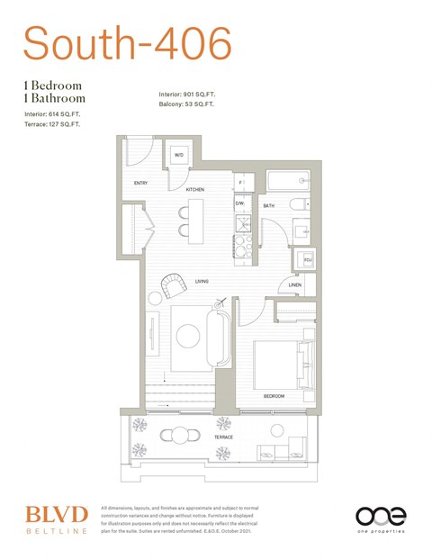 Floor plan for 1 bed, 1 bath, 614 sqft