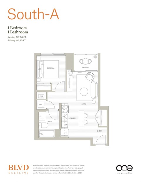 Floor plan for 1 bed, 1 bath, 537 sqft