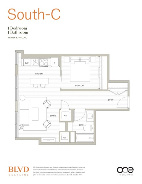 Floor plan for 1 bed, 1 bath, 628 sqft