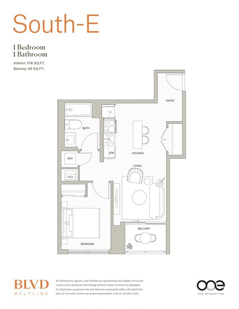 Floor plan for 1 bed, 1 bath, 576 sqft