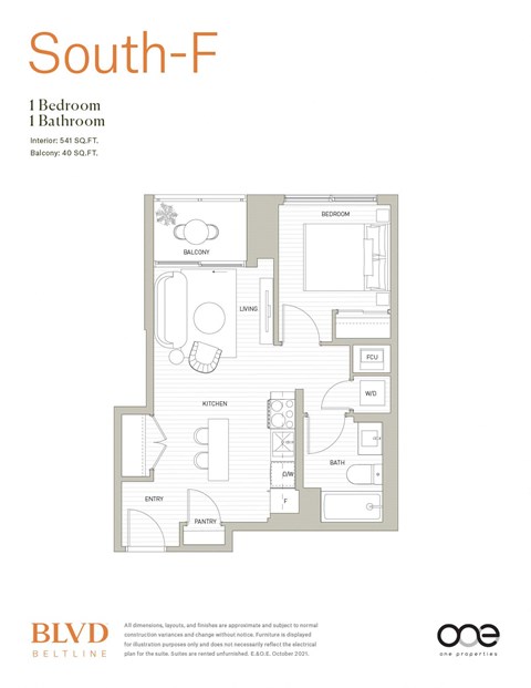 Floor plan for 1 bed, 1 bath, 541 sqft