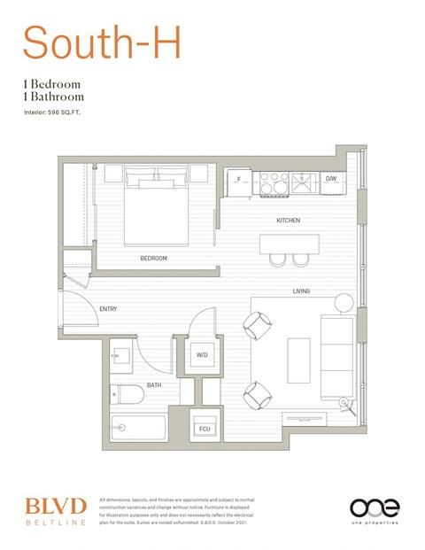 Floor plan for 1 bed, 1 bath, 596 sqft