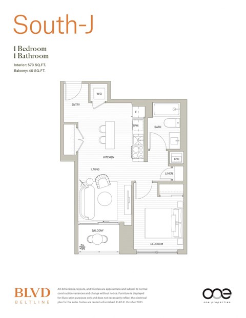 Floor plan for 1 bed, 1 bath, 575 sqft