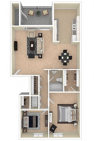 Floor plan for 2 beds, 1 bath, 1087 sqft