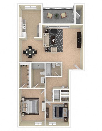 Floor plan for 2 beds, 2 baths, 1087 sqft