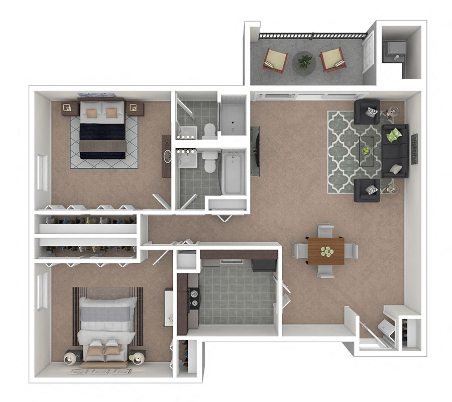 Floor plan for 2 beds, 2 baths, 975 sqft