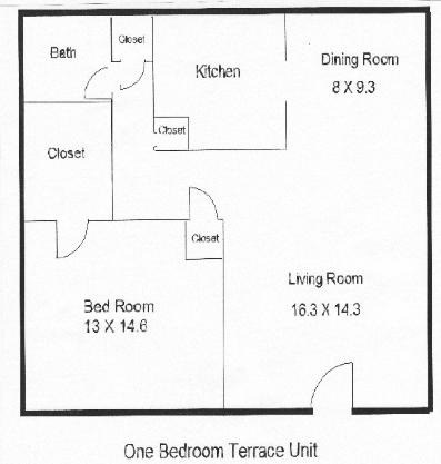Floor plan for 1 bed, 1 bath, 700 sqft