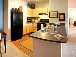Midlothian apartment for rent - A kitchen with a black refrigerator and wooden cabinets.
