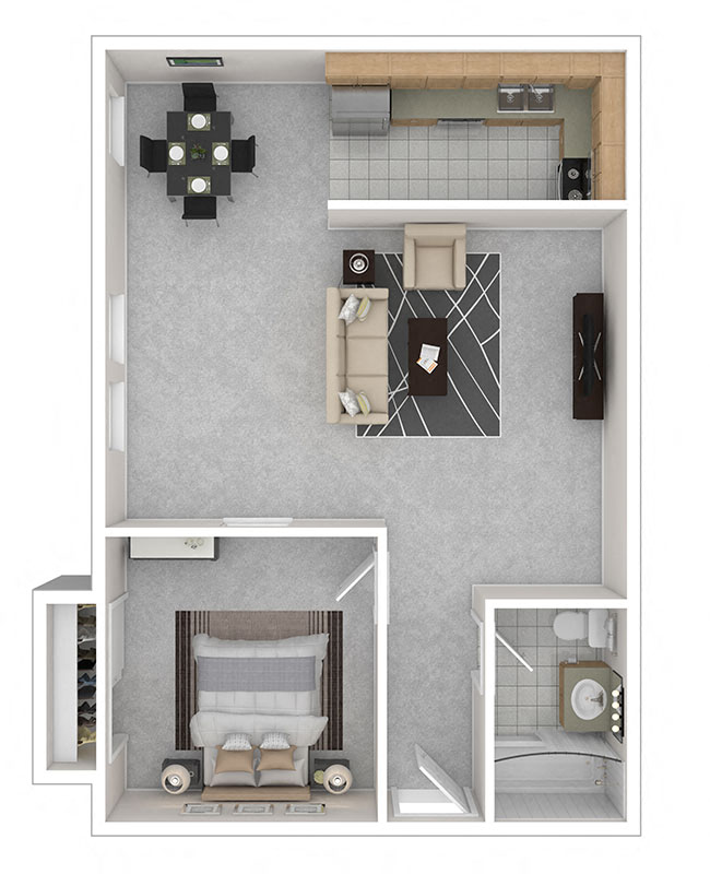 Floor plan for 1 bed, 1 bath, 664 sqft