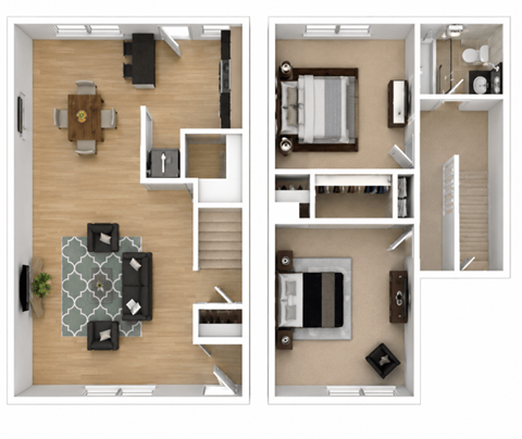 Floor plan for 2 beds, 1 bath, 874 sqft