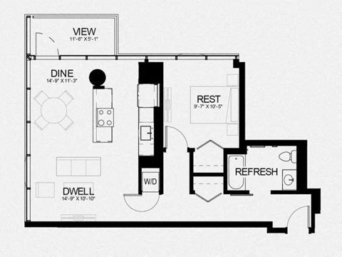 Floor plan for 1 bed, 1 bath, 775 sqft