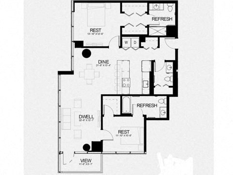 Floor plan for 2 beds, 2.5 baths, 1285 sqft