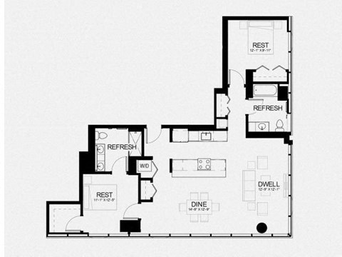 Floor plan for 2 beds, 2 baths, 1240 sqft