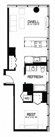 Floor plan for 1 bed, 1 bath, 665 sqft