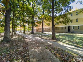 Greenbelt apartment for rent - A tree-lined path in a park with a yellow building in the background.