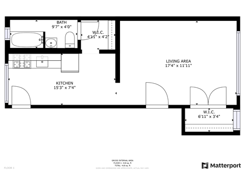 Floor plan for studio, 1 bath, 400 sqft