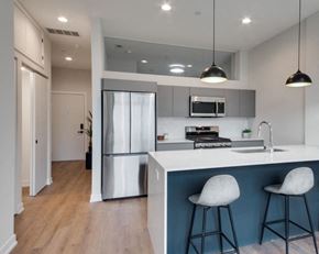 Chicago apartment for rent - a kitchen with a counter top and a refrigerator