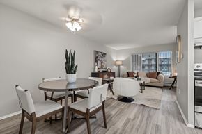 Riverview apartment for rent - A well-lit, modern dining room with a table set for four.
