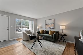 Ypsilanti apartment for rent - A living room with a green couch and a grey rug.