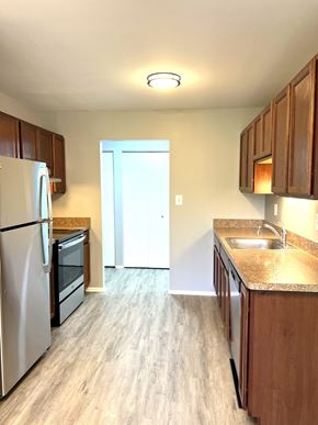 Ferndale apartment for rent - a kitchen with wooden cabinets and stainless steel appliances