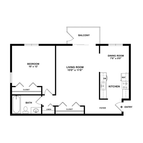 Floor plan for 1 bed, 1 bath, 650 sqft