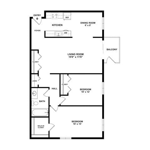 Floor plan for 2 beds, 1 bath, 950 sqft