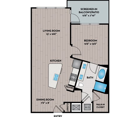 Floor plan for 1 bed, 1 bath, 873 sqft