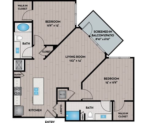 Floor plan for 2 beds, 2 baths, 1036 sqft