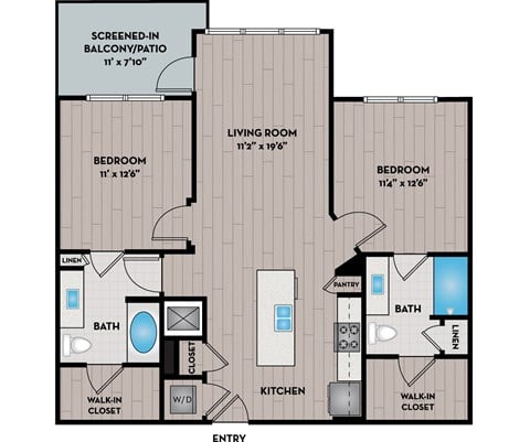 Floor plan for 2 beds, 2 baths, 1023 sqft