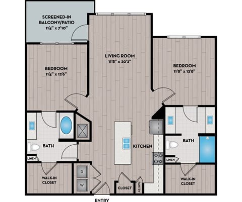Floor plan for 2 beds, 2 baths, 1122 sqft