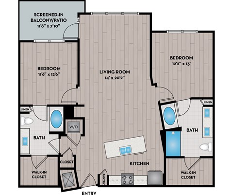 Floor plan for 2 beds, 2 baths, 1246 sqft