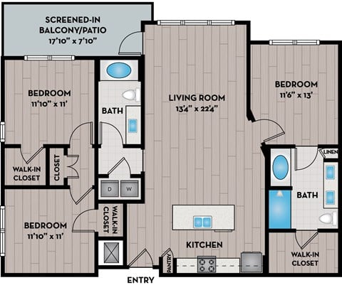 Floor plan for 3 beds, 2 baths, 1330 sqft