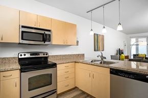 Portland apartment for rent - A kitchen with a black microwave above a stove and a black dishwasher.