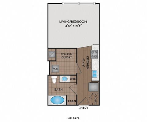 Floor plan for studio, 1 bath, 484 sqft
