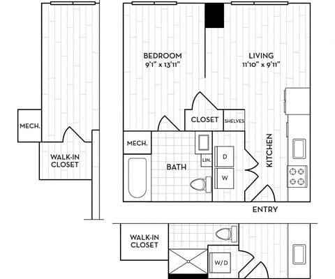 Floor plan for studio, 1 bath, 538 sqft