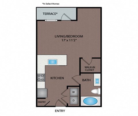 Floor plan for studio, 1 bath, 613 sqft