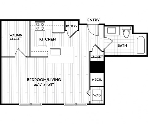 Floor plan for studio, 1 bath, 527 sqft