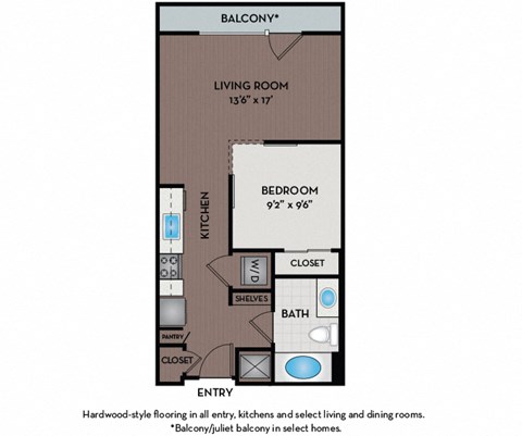 Floor plan for studio, 1 bath, 562 sqft