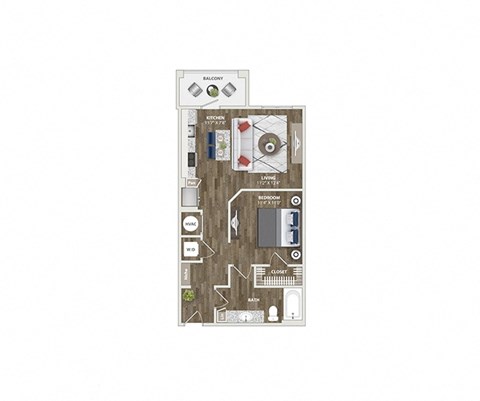 Floor plan for studio, 1 bath, 669 sqft