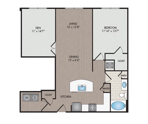 Floor plan for 1 bed, 1 bath, 1025 sqft
