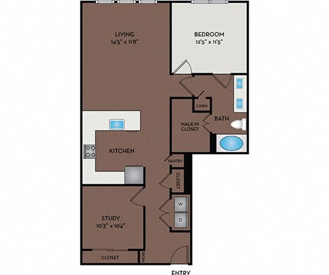 Floor plan for 1 bed, 1 bath, 1068 sqft