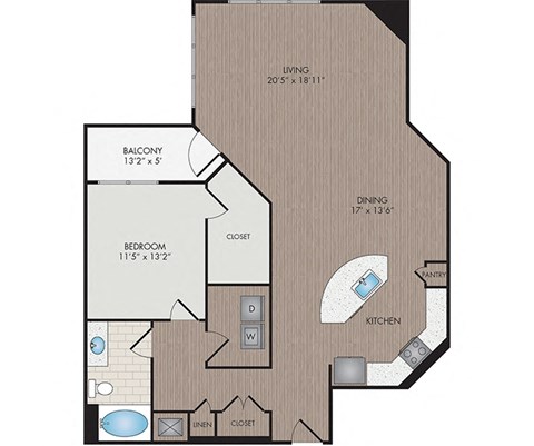 Floor plan for 1 bed, 1 bath, 1209 sqft