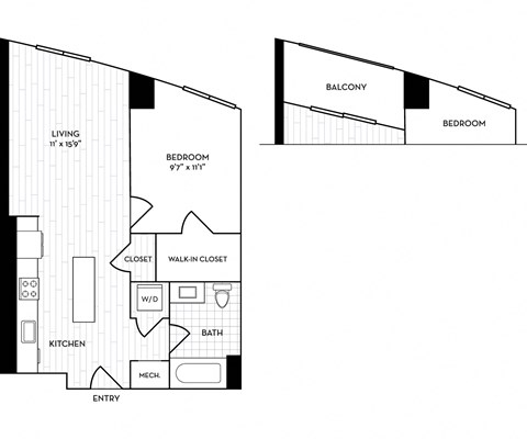 Floor plan for 1 bed, 1 bath, 626 sqft
