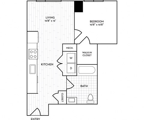 Floor plan for 1 bed, 1 bath, 742 sqft