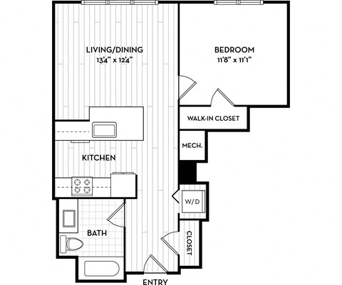 Floor plan for 1 bed, 1 bath, 606 sqft