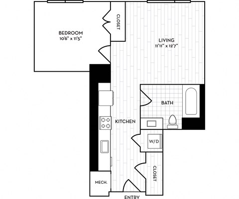 Floor plan for 1 bed, 1 bath, 607 sqft